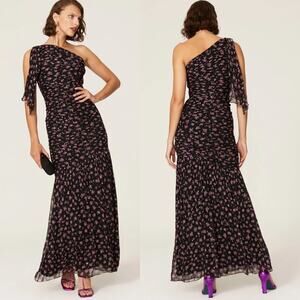 Shoshanna Vivine Tossed Rose Gown Black Floral One Shoulder Ruched Maxi Size 12